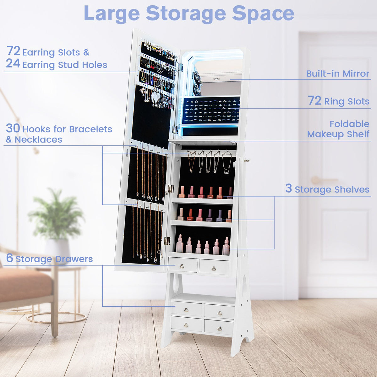 Freestanding Full Length LED Mirrored Jewelry Armoire with 6 Drawers-White view 7