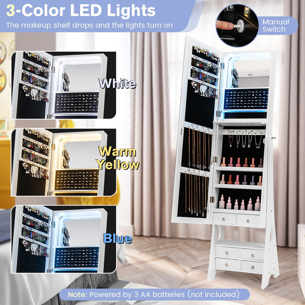 Freestanding Full Length LED Mirrored Jewelry Armoire with 6 Drawers-White view 8