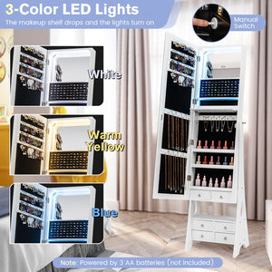 Freestanding Full Length LED Mirrored Jewelry Armoire with 6 Drawers-White view 8