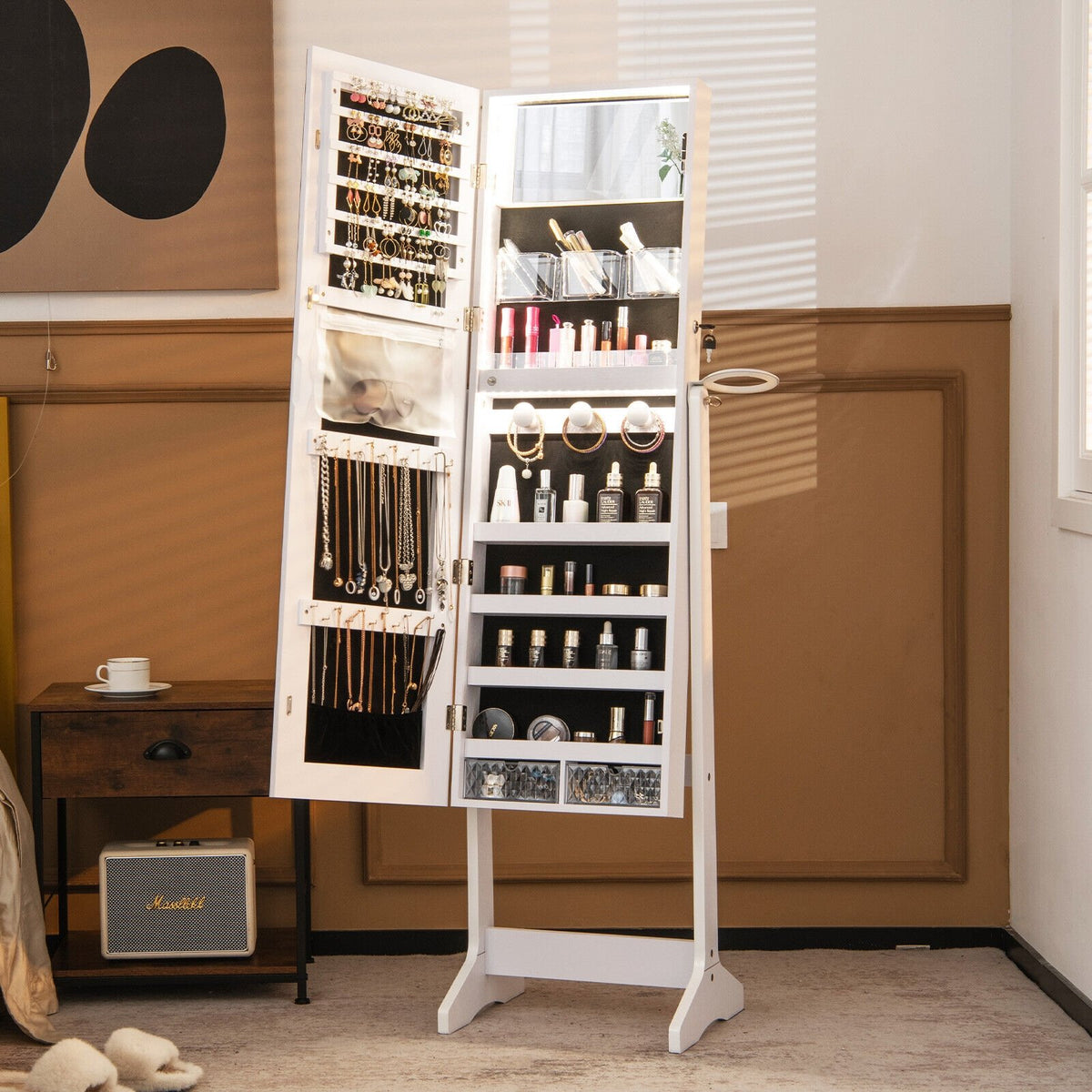 Freestanding Jewelry Cabinet with Full Length Mirror and LED Lights-White view 2