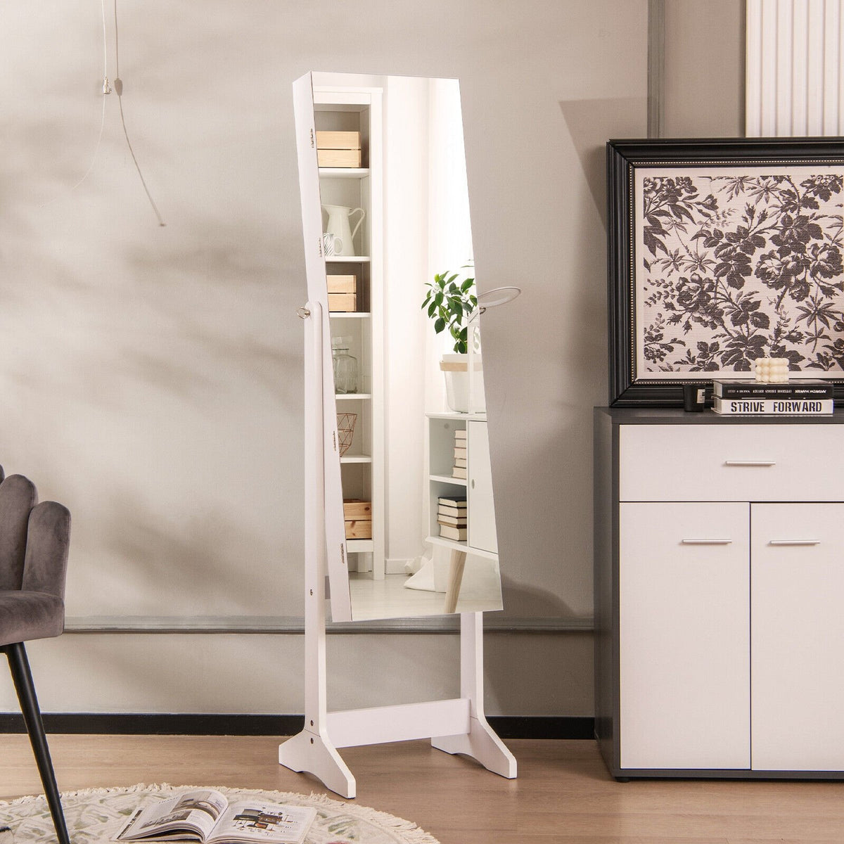 Freestanding Jewelry Cabinet with Full Length Mirror and LED Lights-White view 3