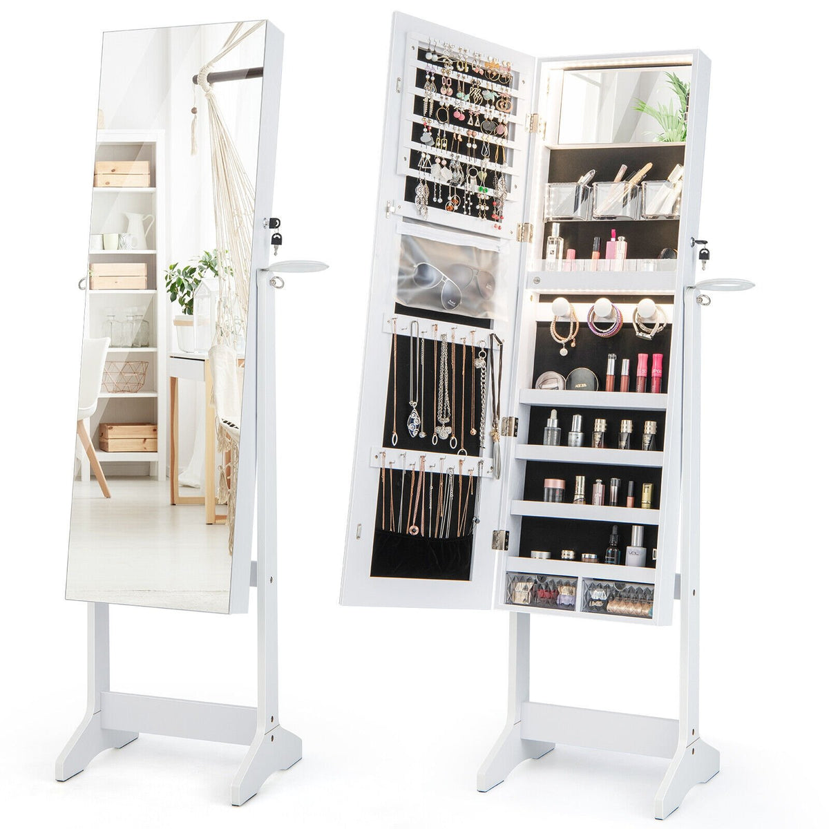 Freestanding Jewelry Cabinet with Full Length Mirror and LED Lights-White view 4