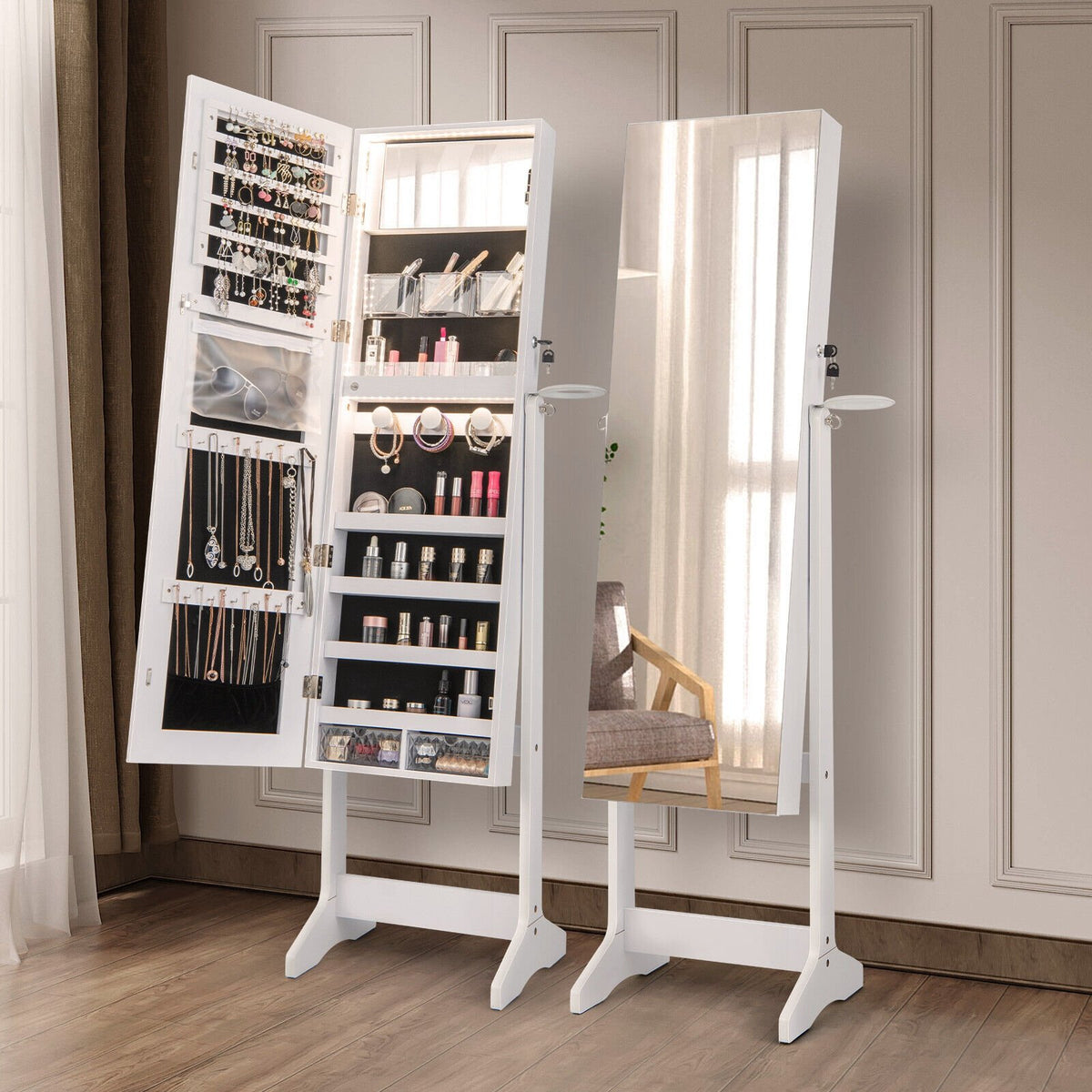 Freestanding Jewelry Cabinet with Full Length Mirror and LED Lights-White view 6