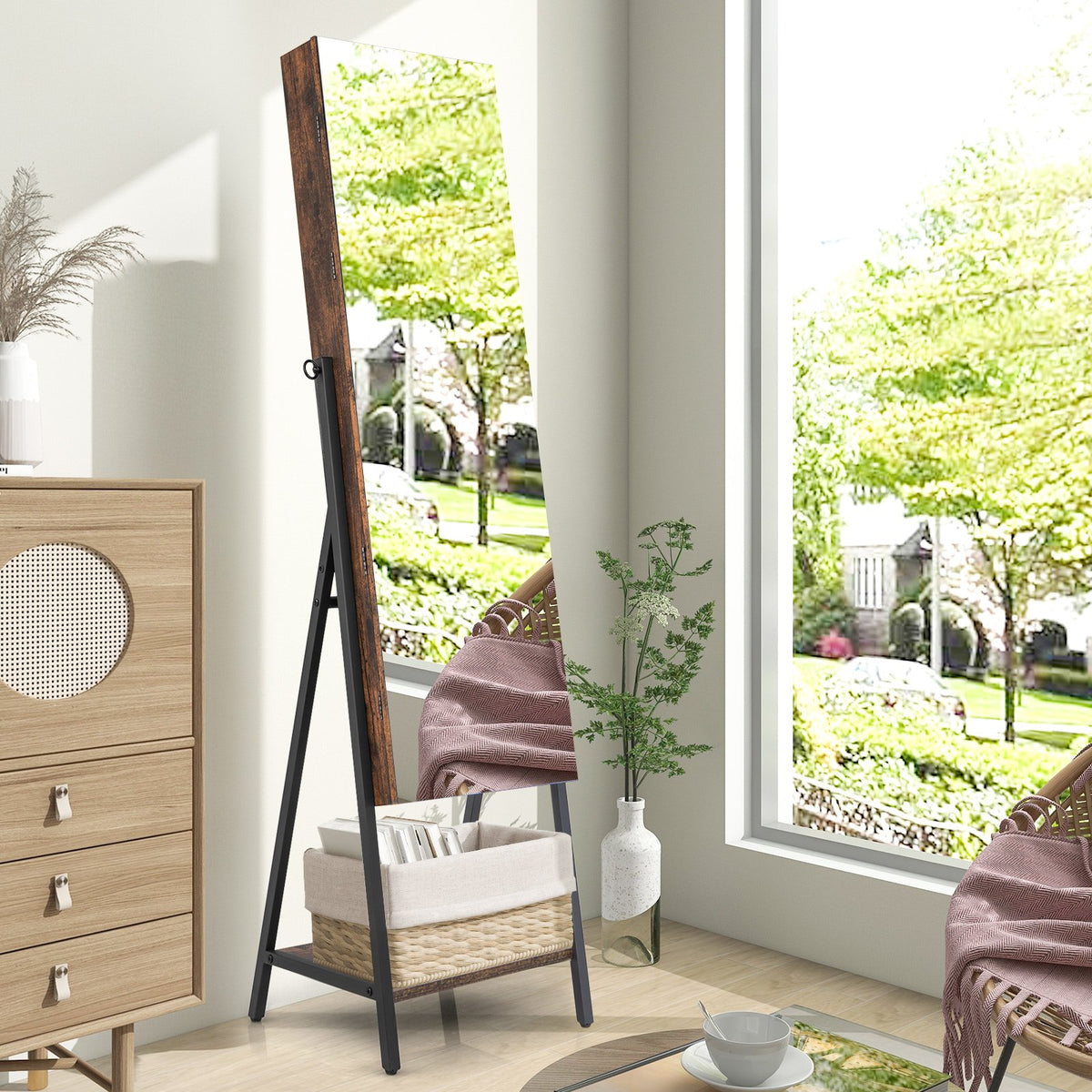 Freestanding Jewelry Cabinet with Full-Length Mirror-Rustic Brown view 3