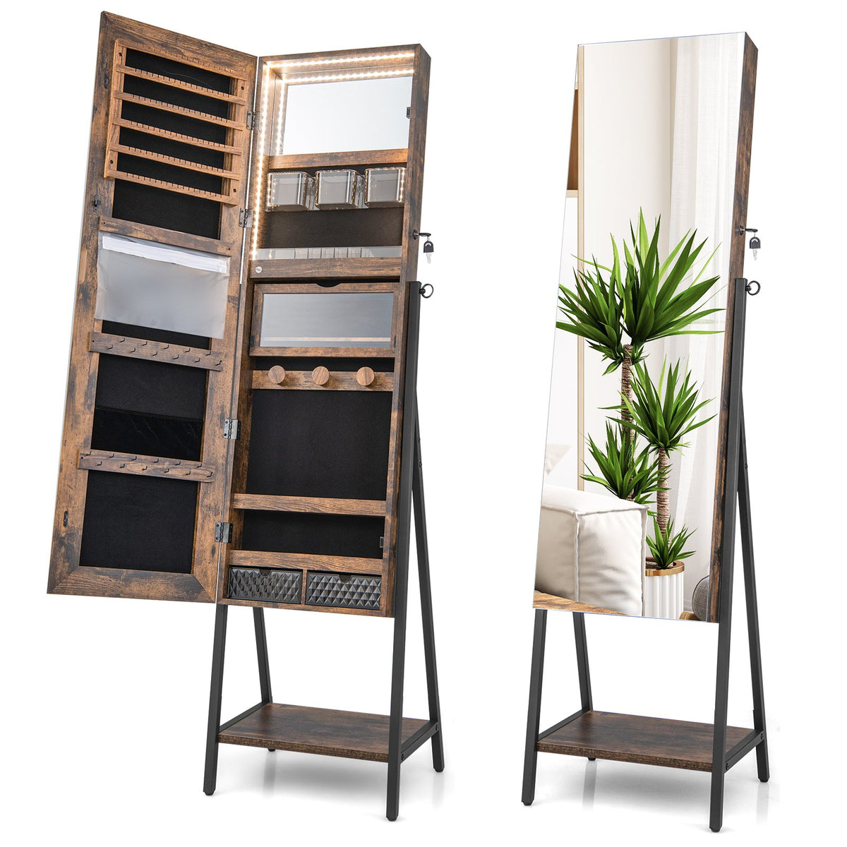 Freestanding Jewelry Cabinet with Full-Length Mirror-Rustic Brown view 4