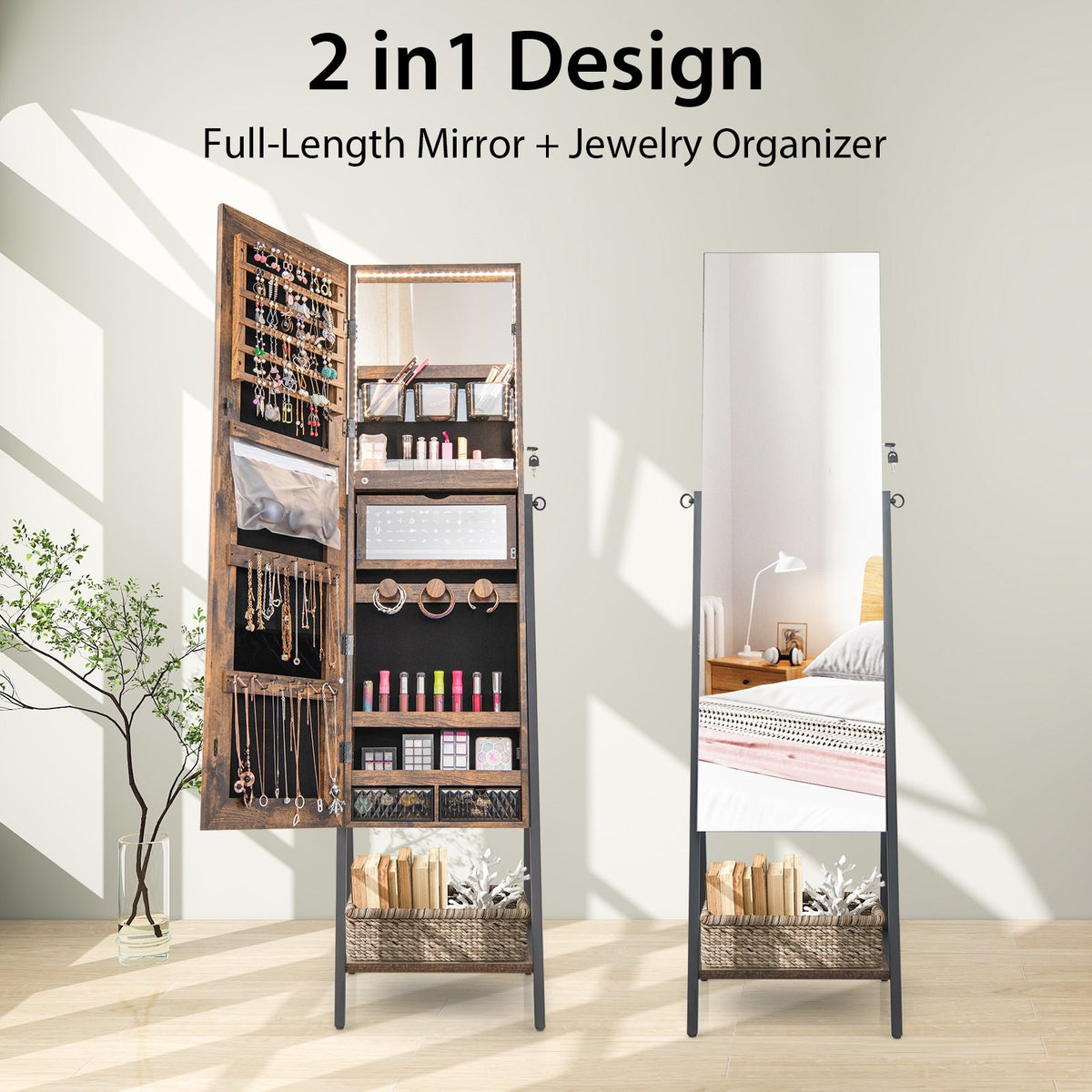 Freestanding Jewelry Cabinet with Full-Length Mirror-Rustic Brown view 6