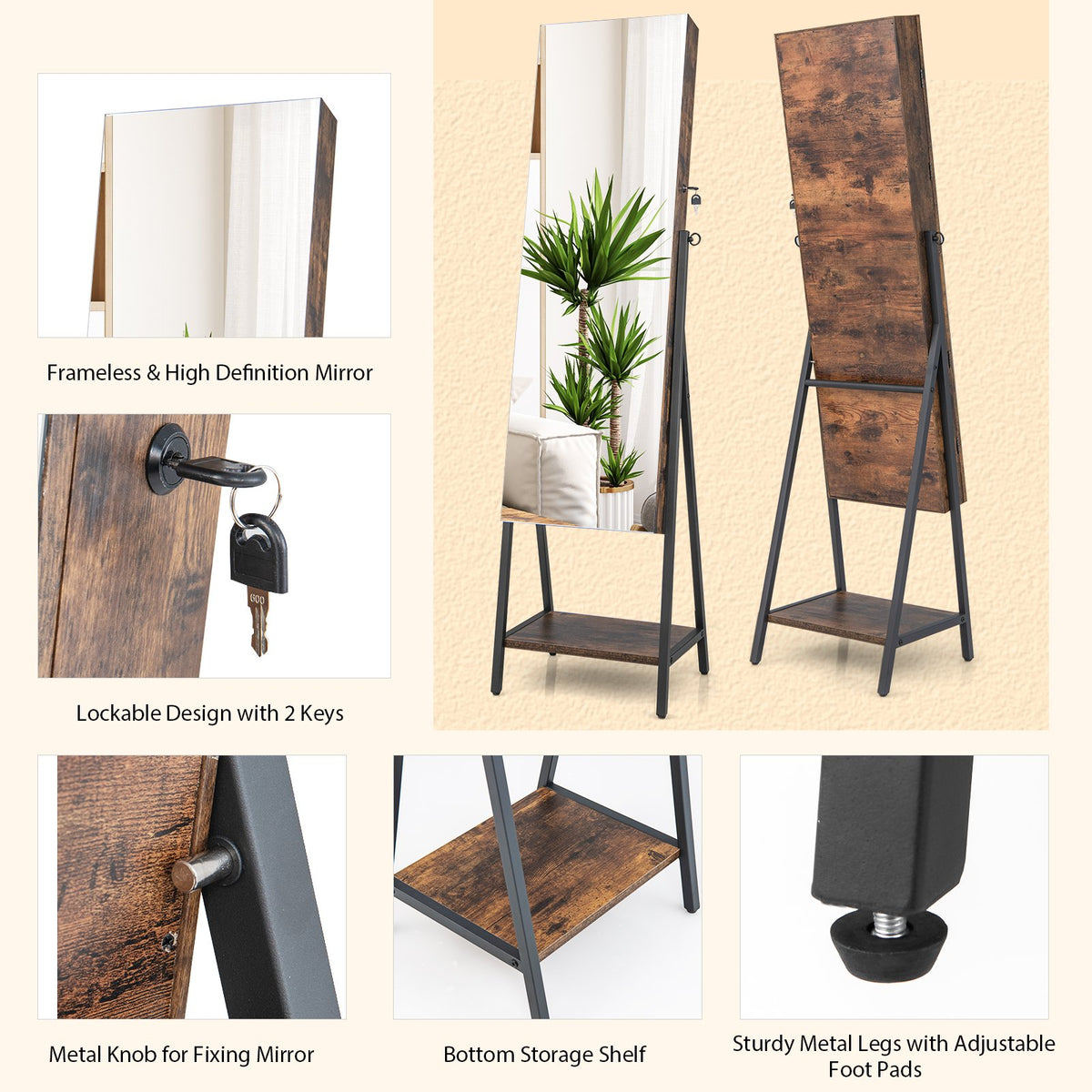 Freestanding Jewelry Cabinet with Full-Length Mirror-Rustic Brown view 8