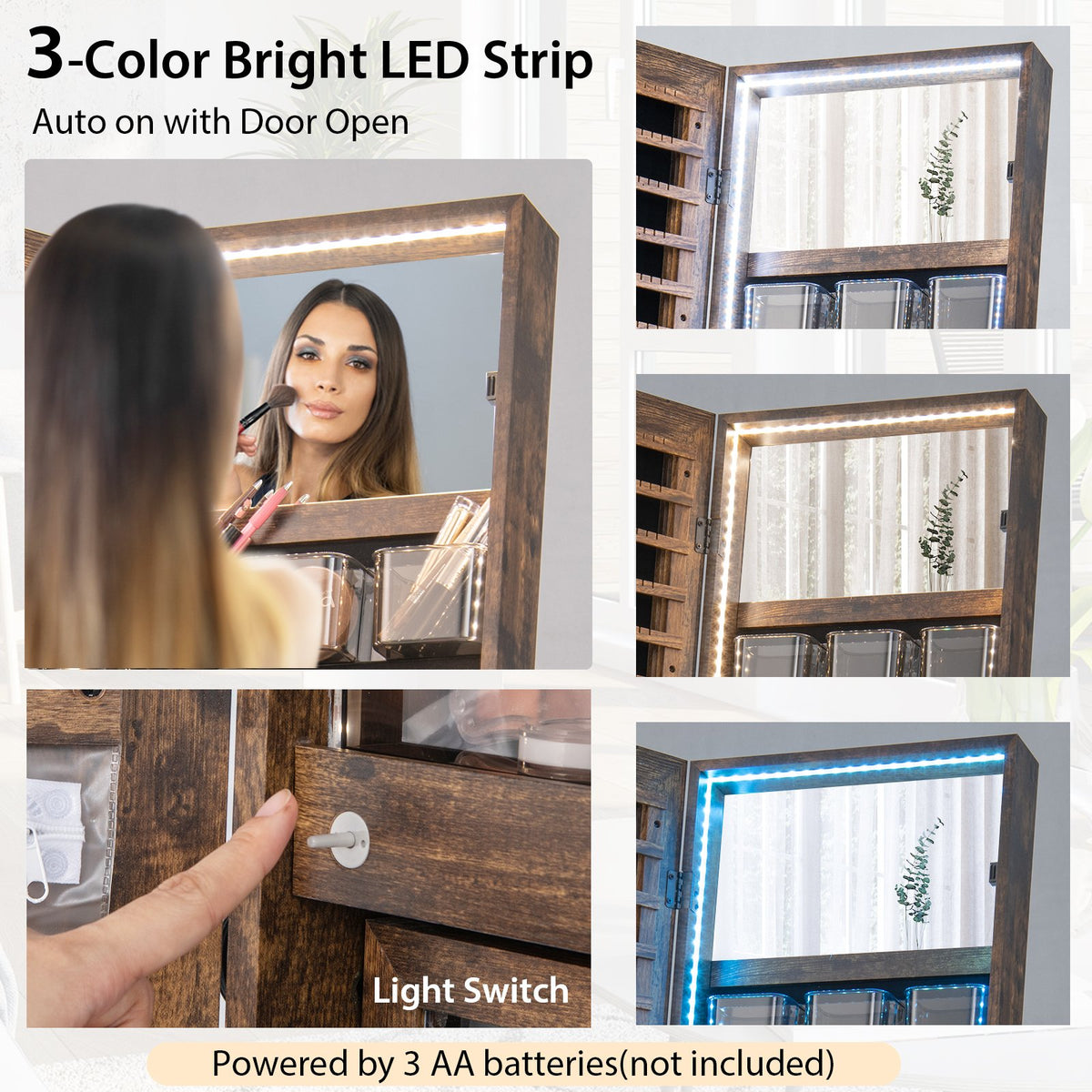 Freestanding Jewelry Cabinet with Full-Length Mirror-Rustic Brown view 9