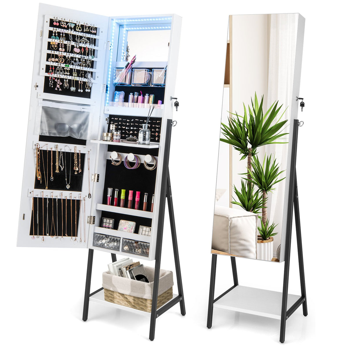 Freestanding Jewelry Cabinet with Full-Length Mirror-White view 4