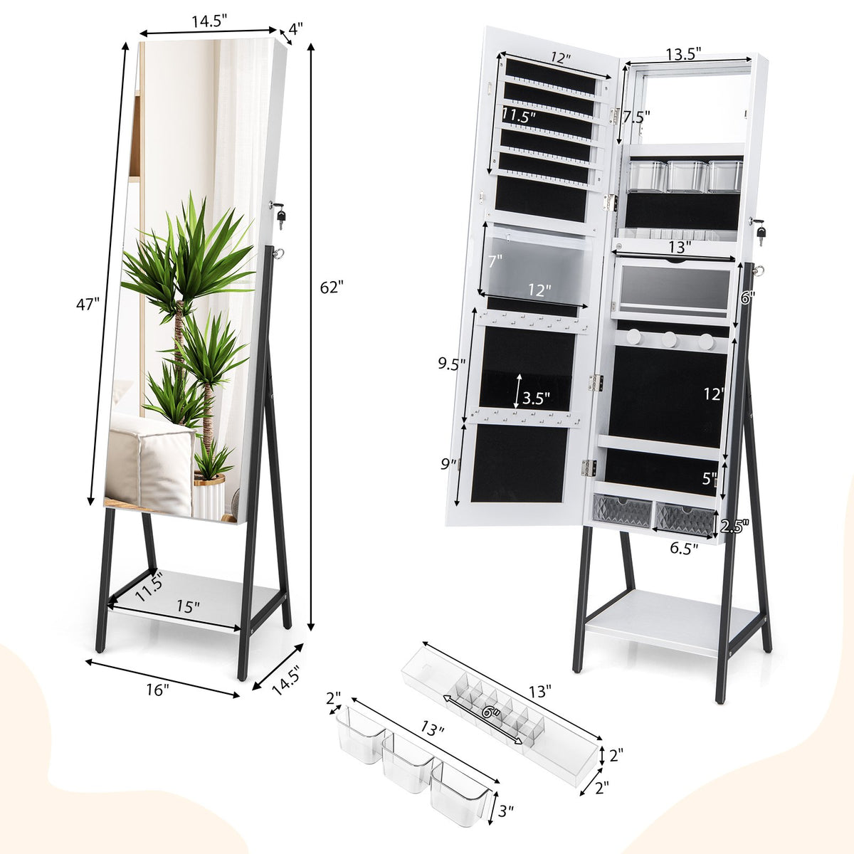 Freestanding Jewelry Cabinet with Full-Length Mirror-White view 5