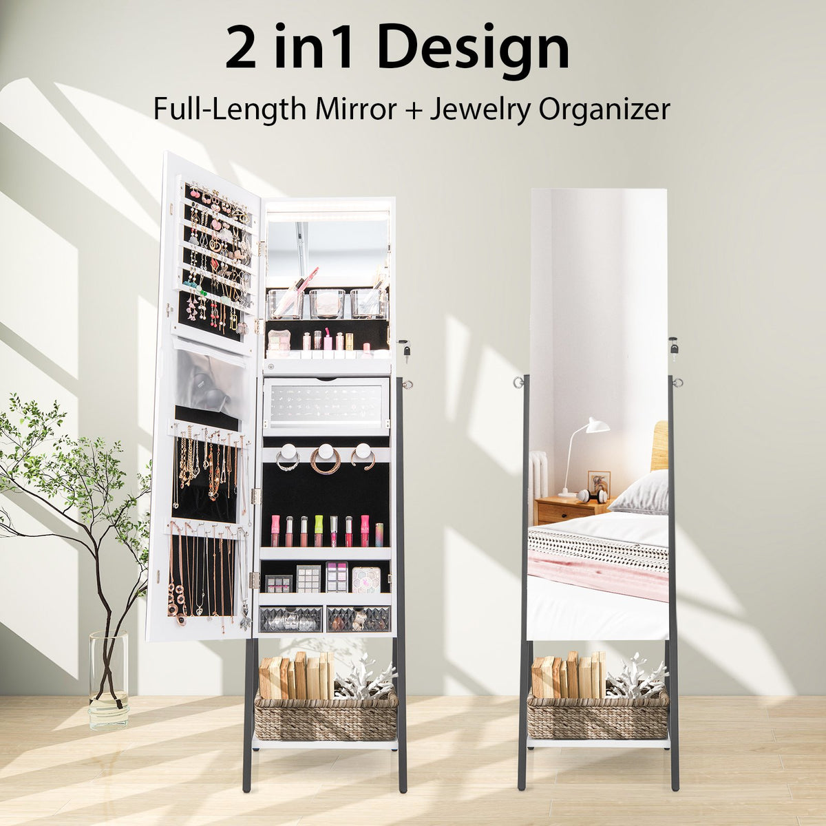 Freestanding Jewelry Cabinet with Full-Length Mirror-White view 7