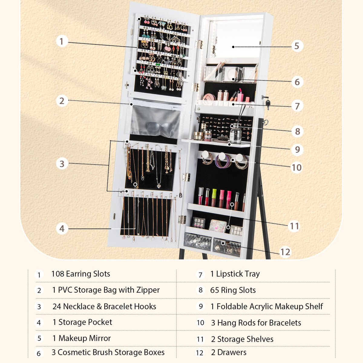 Freestanding Jewelry Cabinet with Full-Length Mirror-White view 8