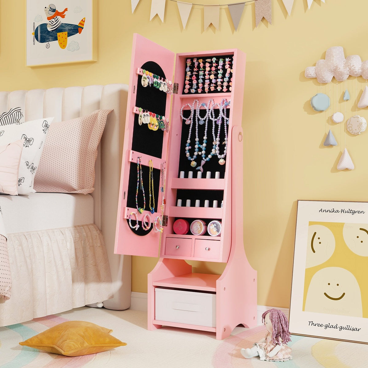 Freestanding Kids Jewelry Armoire Cabinet with Storage and 2 Tilt Angles-Pink view 2