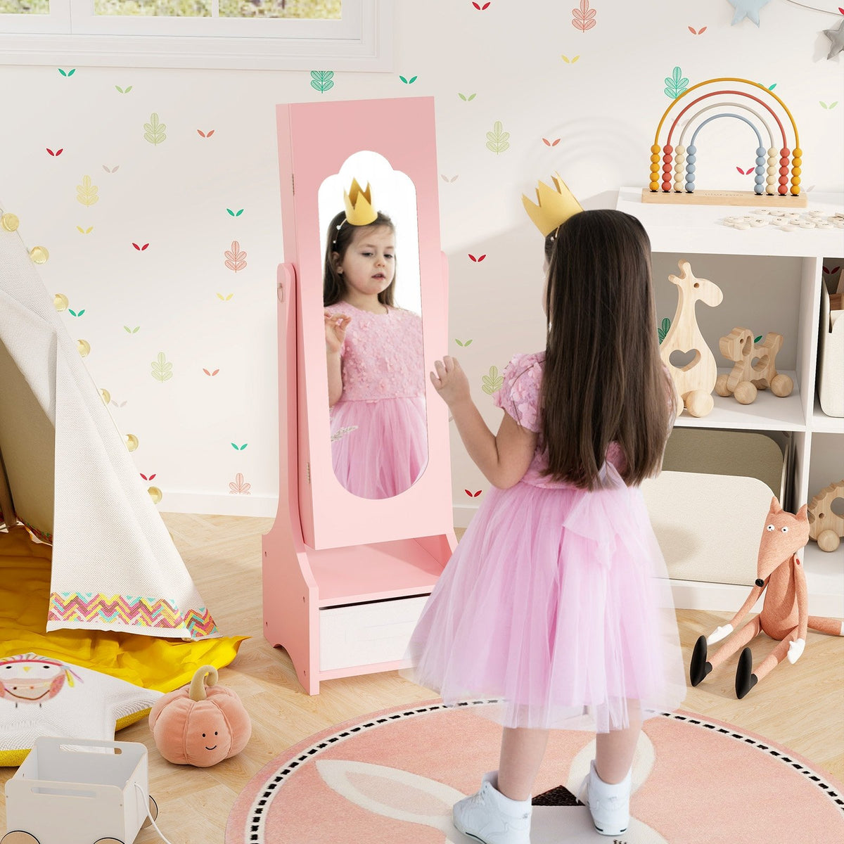 Freestanding Kids Jewelry Armoire Cabinet with Storage and 2 Tilt Angles-Pink view 3