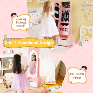 Freestanding Kids Jewelry Armoire Cabinet with Storage and 2 Tilt Angles-Pink view 5