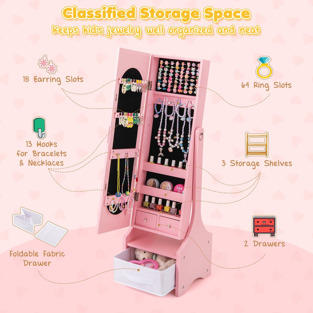 Freestanding Kids Jewelry Armoire Cabinet with Storage and 2 Tilt Angles-Pink view 6