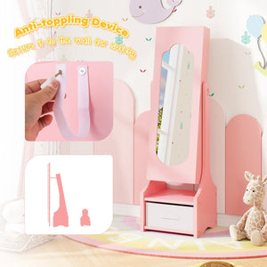 Freestanding Kids Jewelry Armoire Cabinet with Storage and 2 Tilt Angles-Pink view 7
