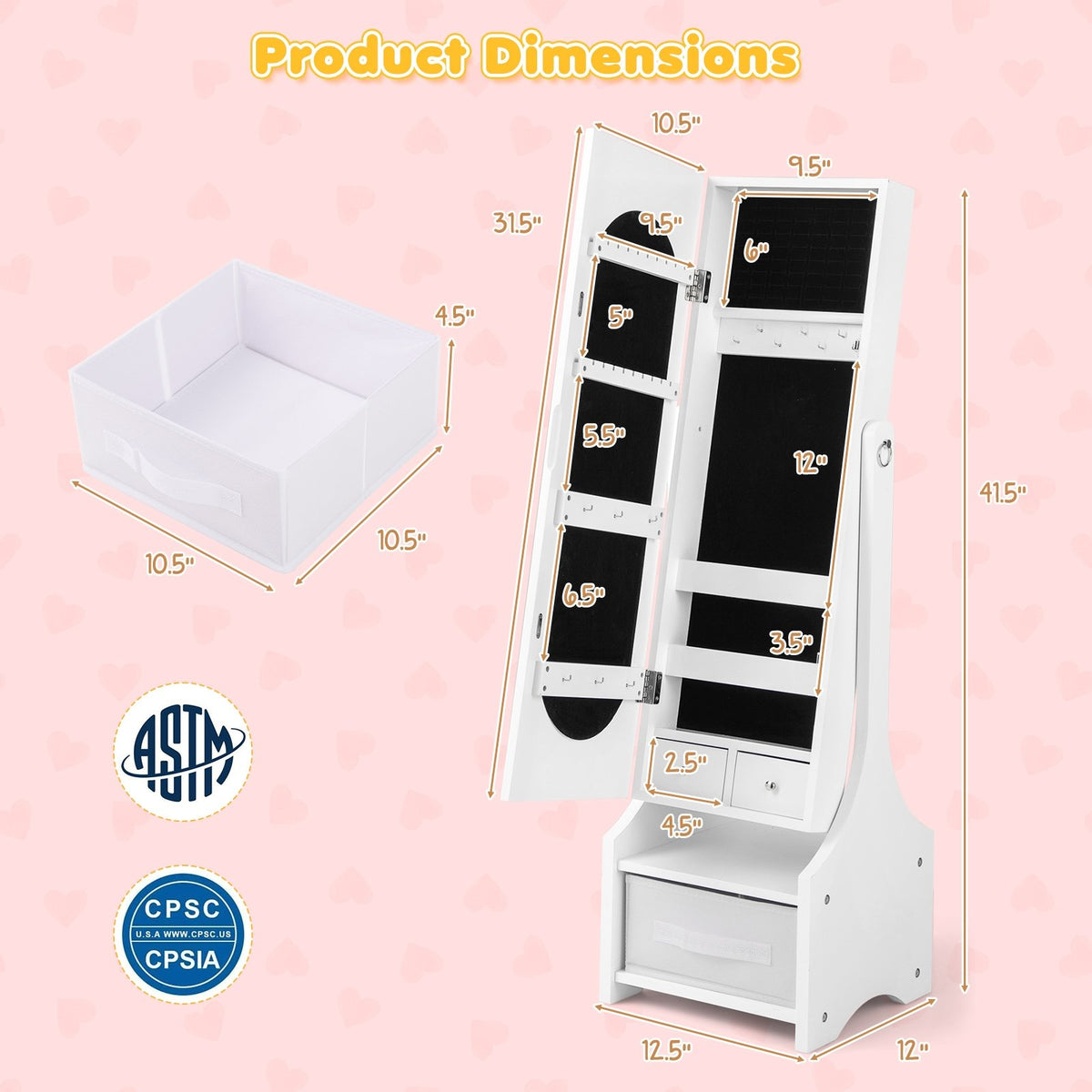 Freestanding Kids Jewelry Armoire Cabinet with Storage and 2 Tilt Angles-White view 4