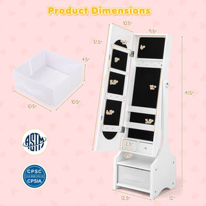 Freestanding Kids Jewelry Armoire Cabinet with Storage and 2 Tilt Angles-White view 4
