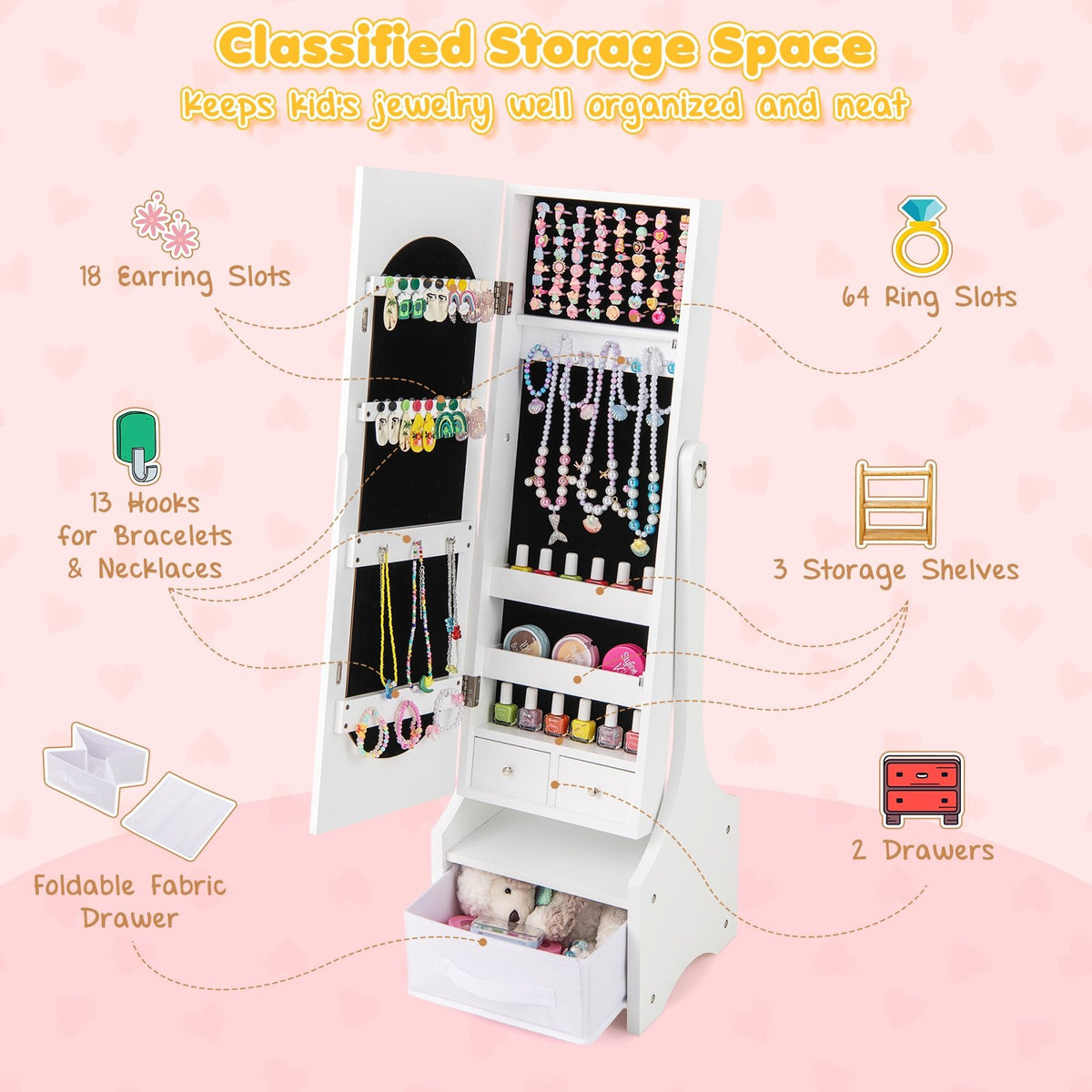 Freestanding Kids Jewelry Armoire Cabinet with Storage and 2 Tilt Angles-White view 6