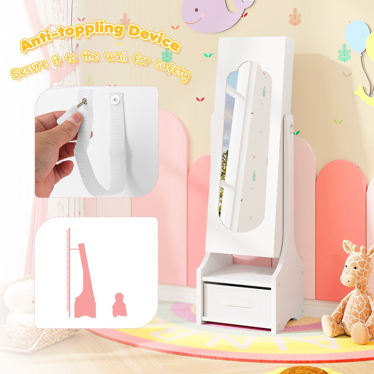 Freestanding Kids Jewelry Armoire Cabinet with Storage and 2 Tilt Angles-White view 7