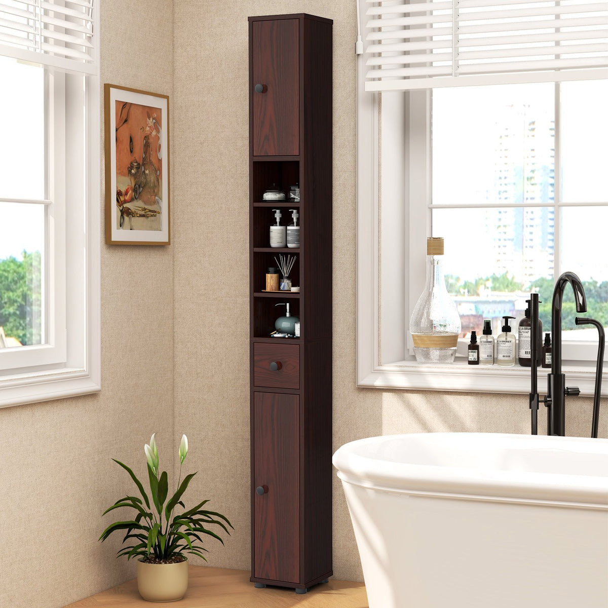 Freestanding Slim Bathroom Cabinet with Drawer and Adjustable Shelves-Brown view 2