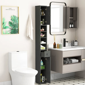 Freestanding Slim Bathroom Cabinet with Drawer and Adjustable Shelves-Gray view 2