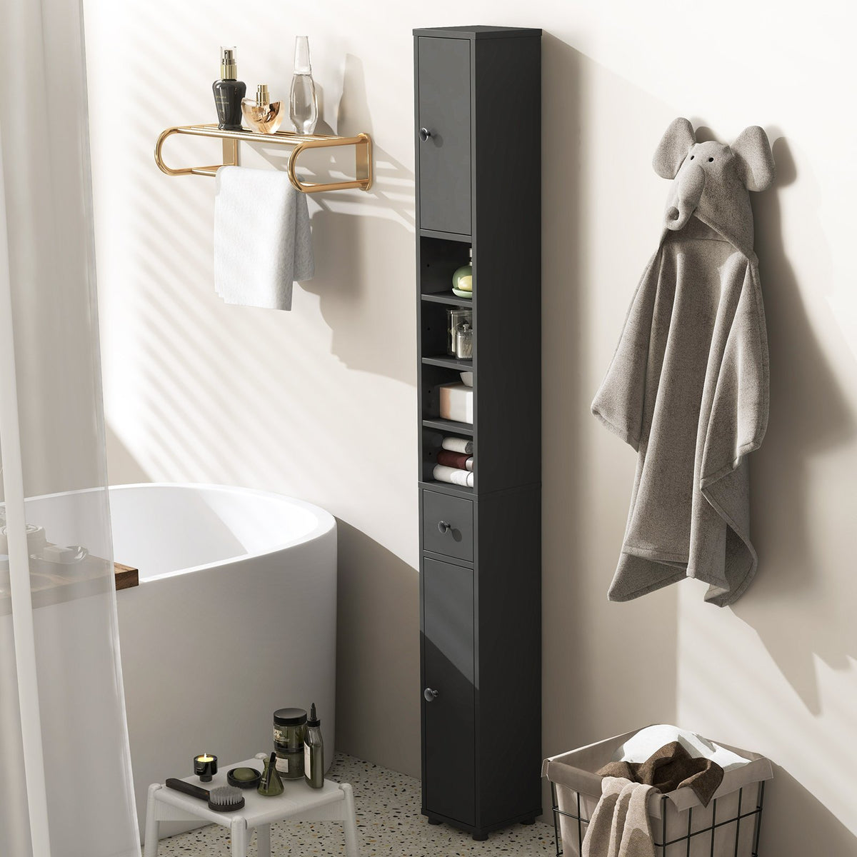Freestanding Slim Bathroom Cabinet with Drawer and Adjustable Shelves-Gray view 5