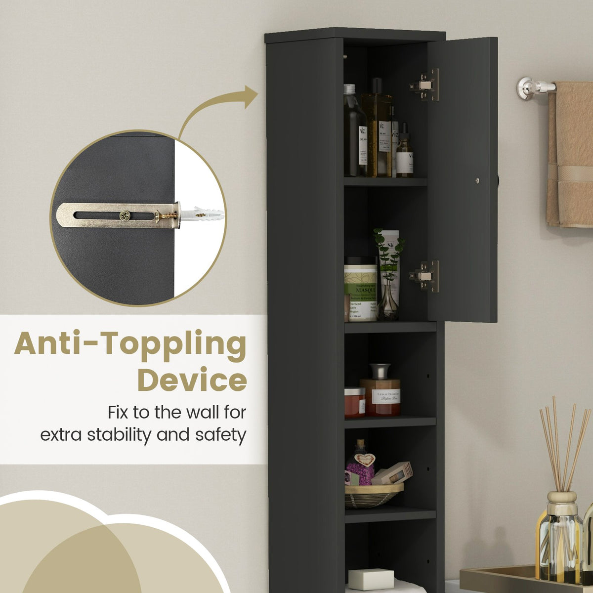 Freestanding Slim Bathroom Cabinet with Drawer and Adjustable Shelves-Gray view 7