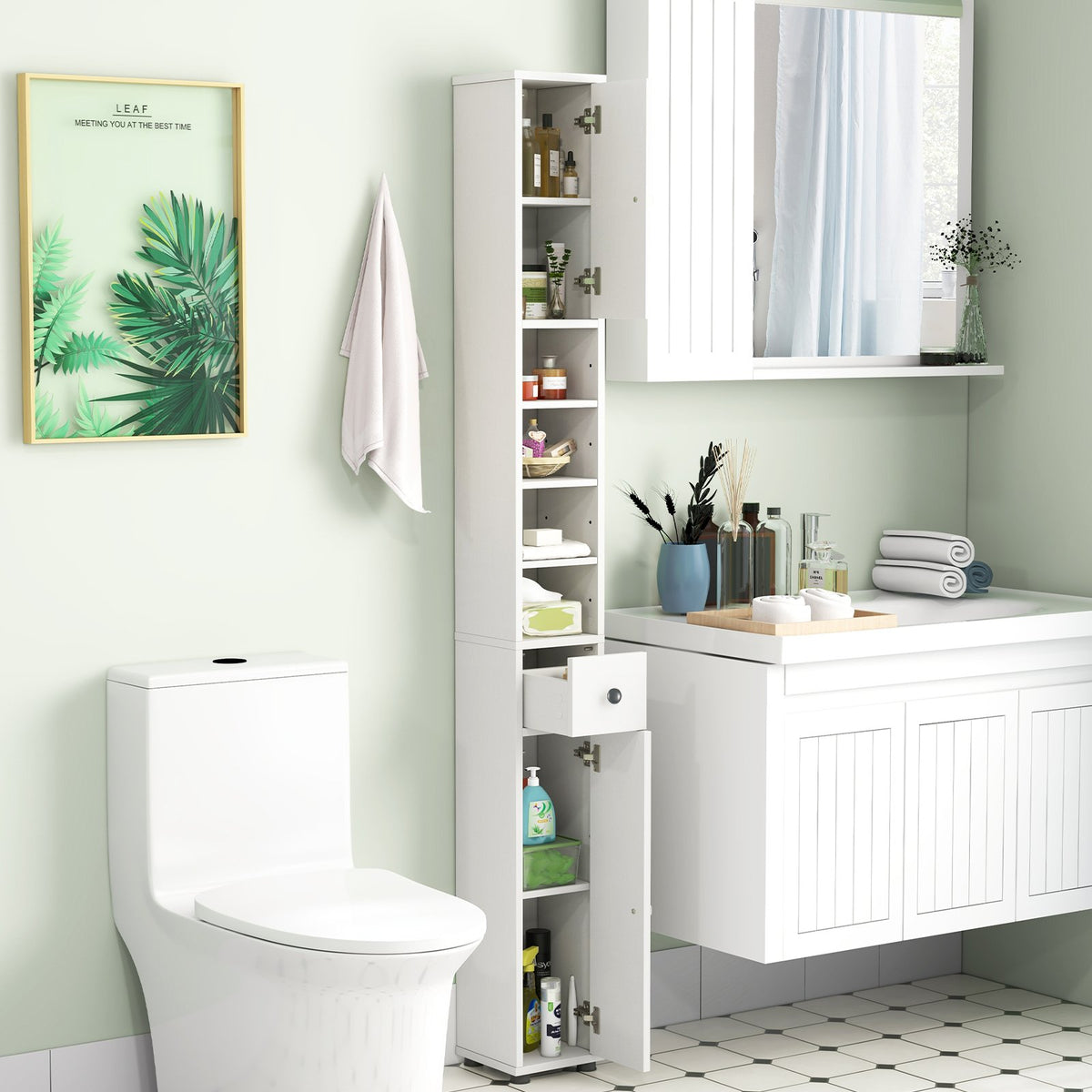 Freestanding Slim Bathroom Cabinet with Drawer and Adjustable Shelves-White view 2