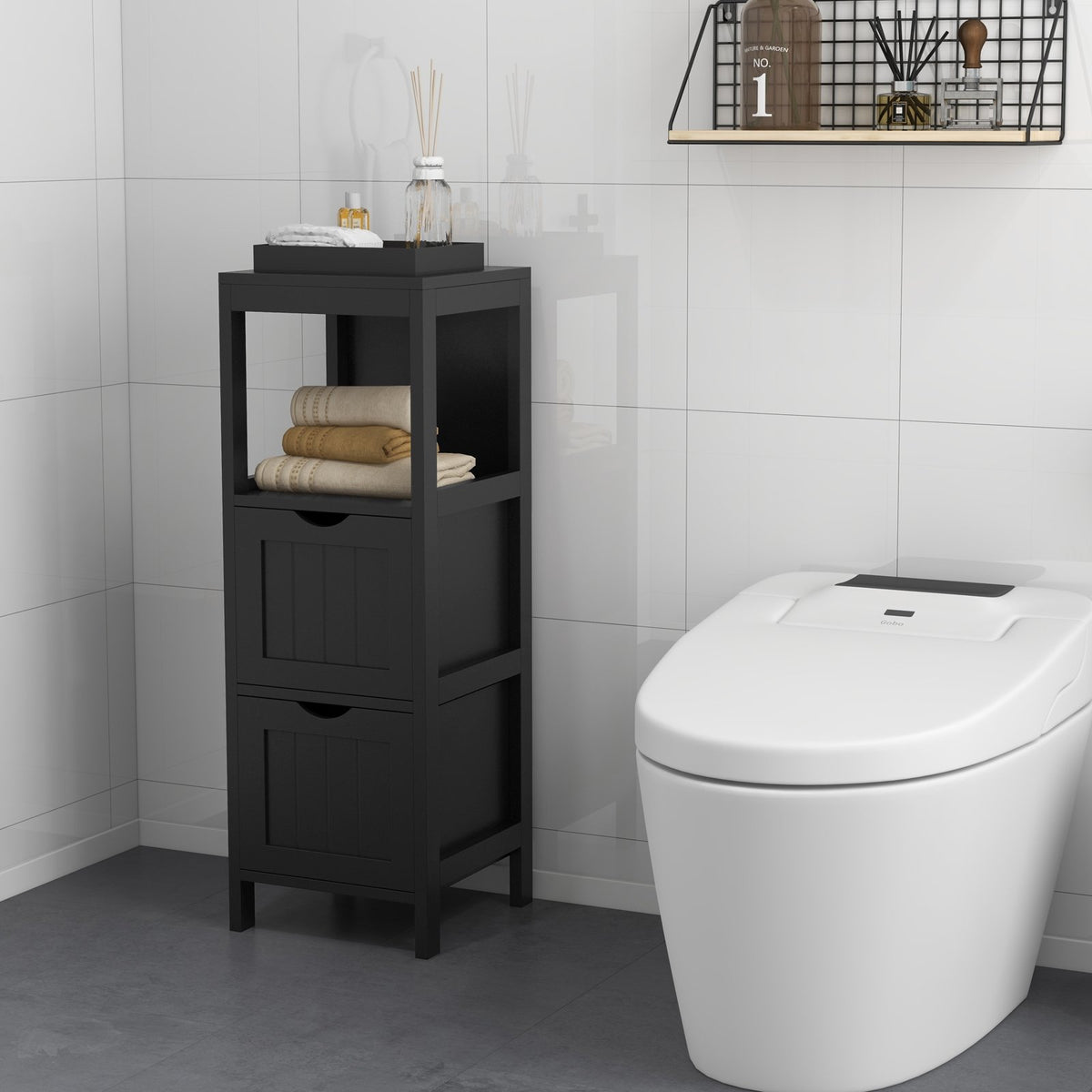 Freestanding Storage Cabinet with 2 Removable Drawers for Bathroom-Black view 2