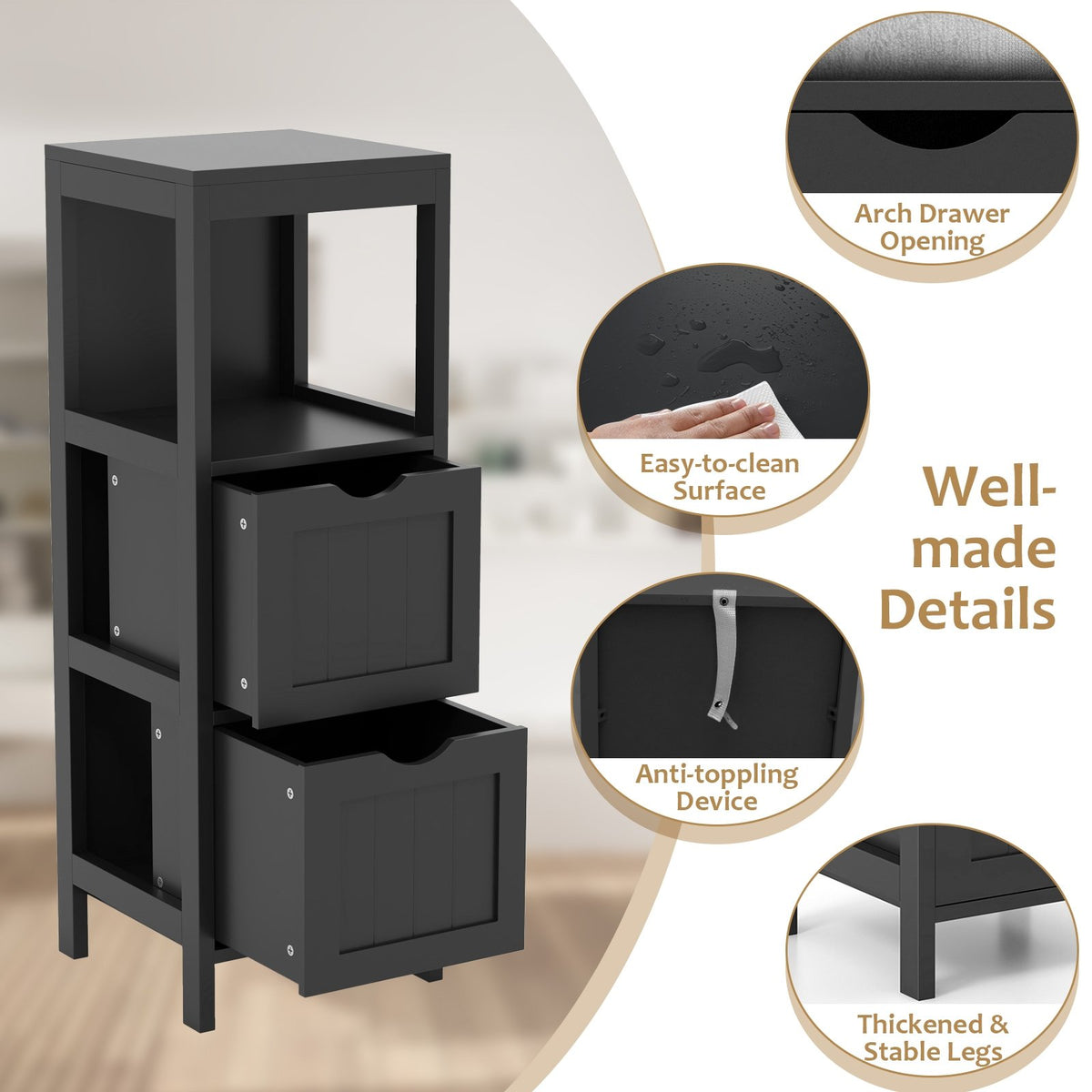 Freestanding Storage Cabinet with 2 Removable Drawers for Bathroom-Black view 7