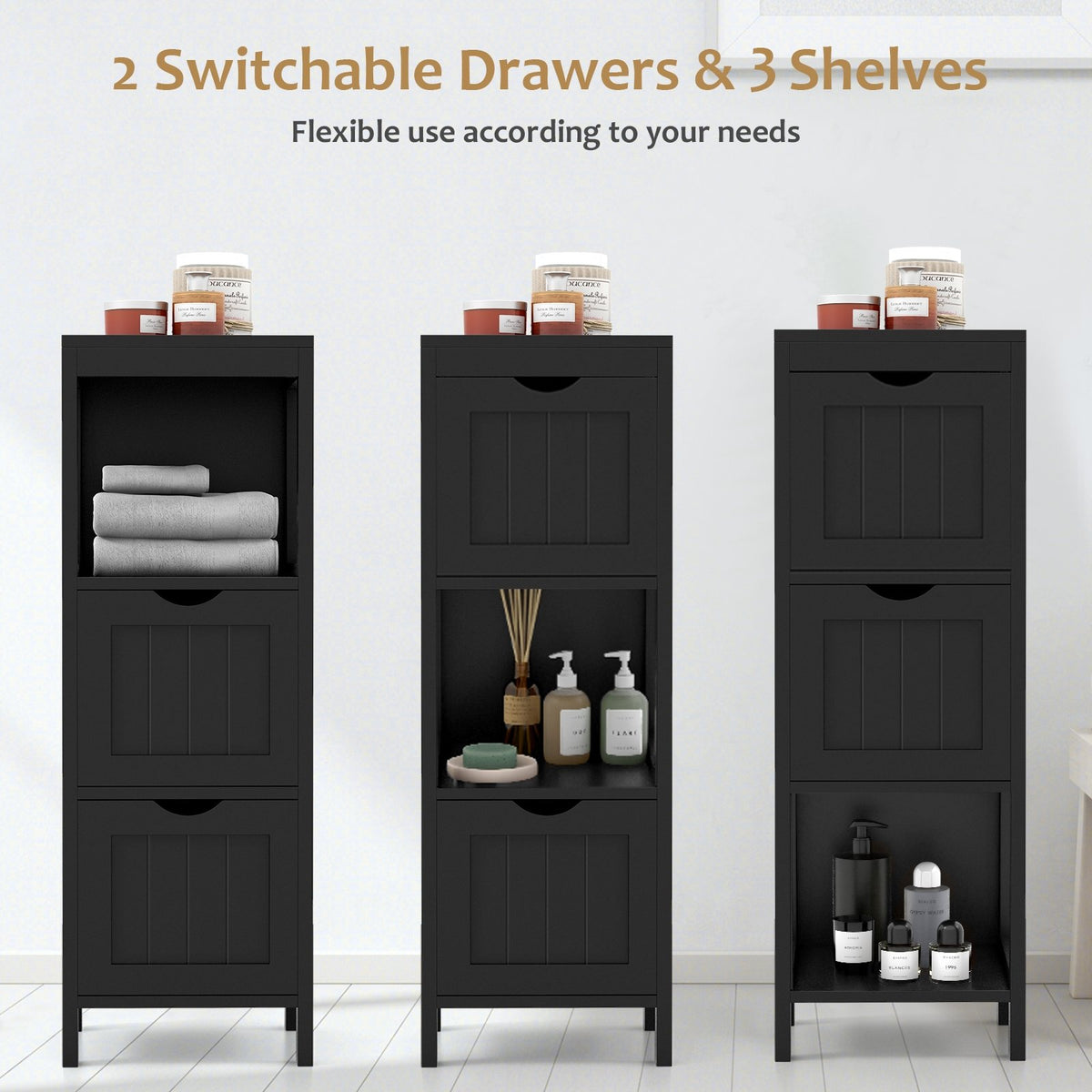 Freestanding Storage Cabinet with 2 Removable Drawers for Bathroom-Black view 8