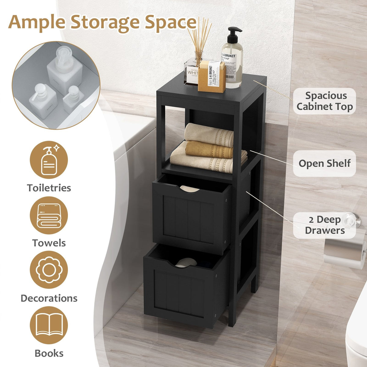 Freestanding Storage Cabinet with 2 Removable Drawers for Bathroom-Black view 9