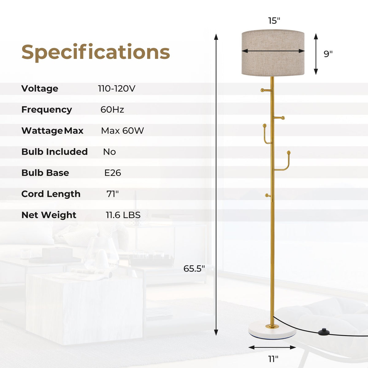 Freestanding Tall Pole Lamp with 5 Hooks and Sturdy Weighted Base view 4