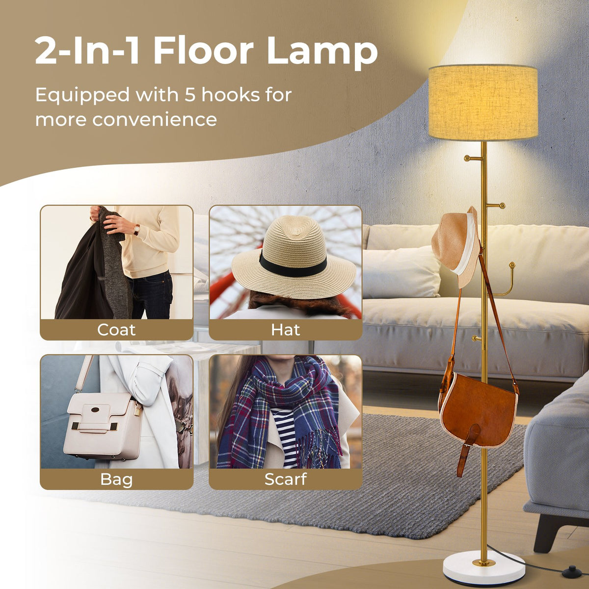 Freestanding Tall Pole Lamp with 5 Hooks and Sturdy Weighted Base view 7