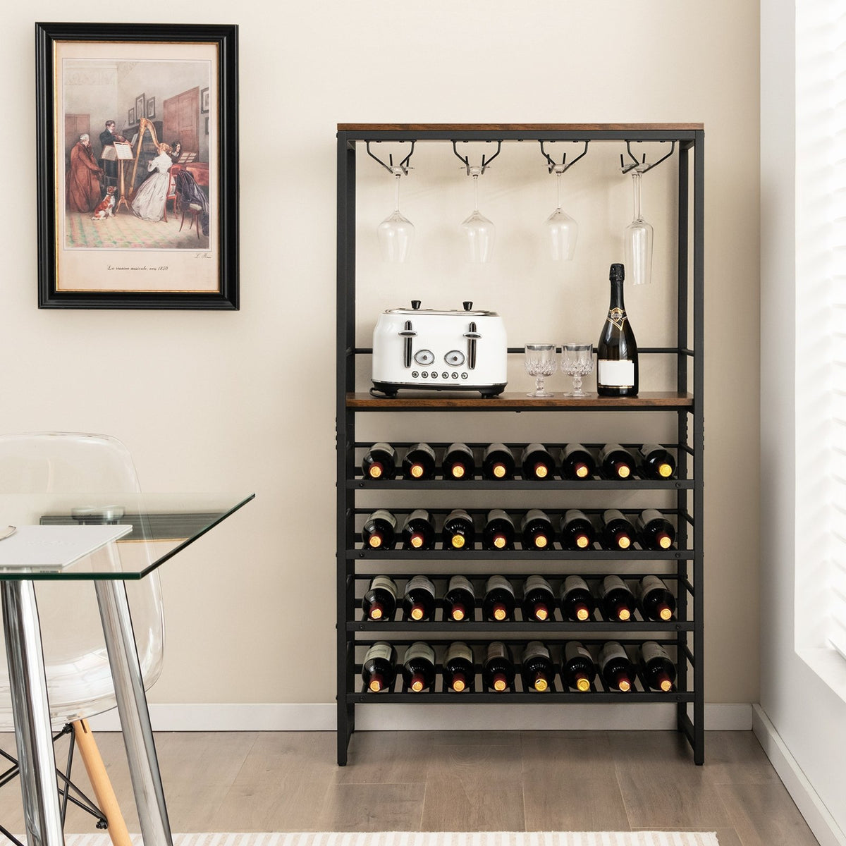Freestanding Wine Bakers Rack with 4-Tier Wine Storage and 4 Rows of Stemware Racks view 2