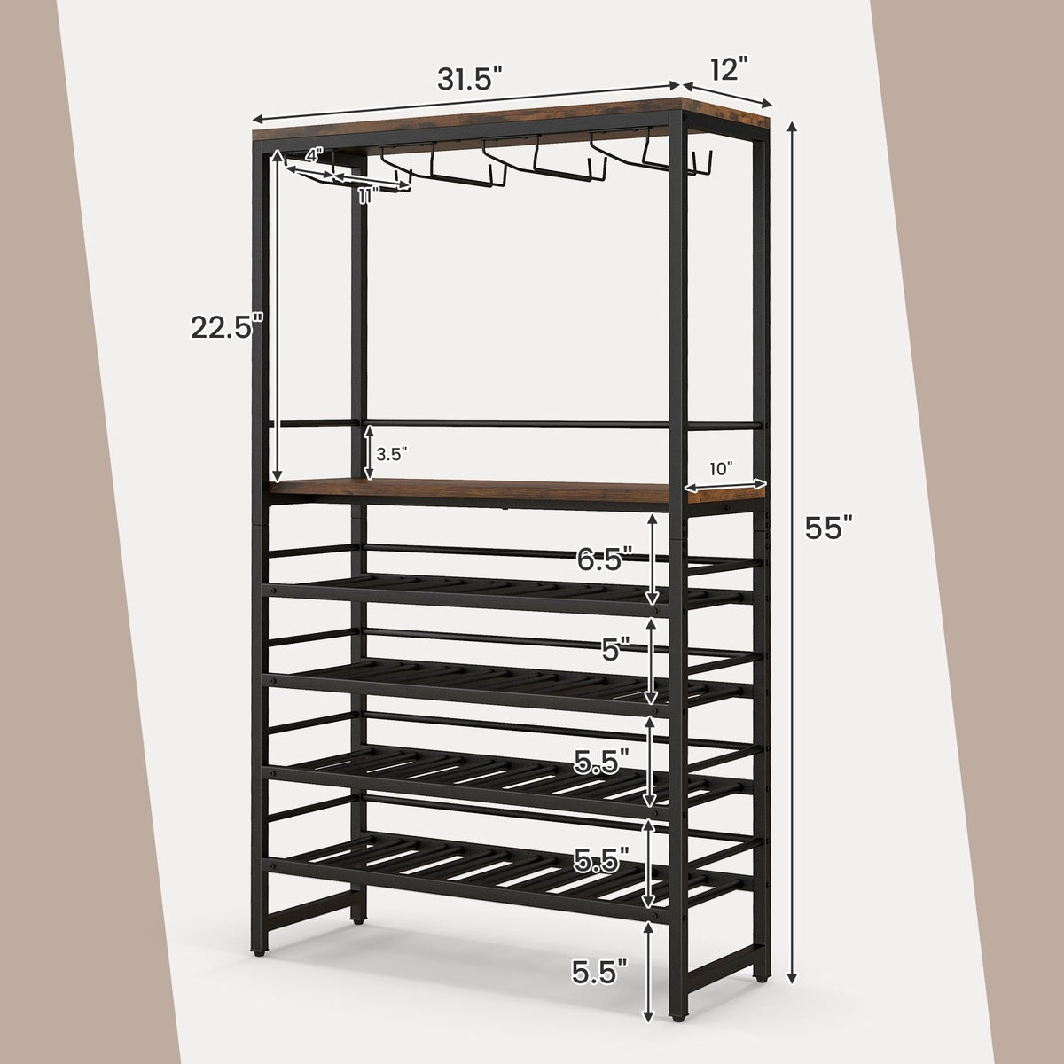 Freestanding Wine Bakers Rack with 4-Tier Wine Storage and 4 Rows of Stemware Racks view 5