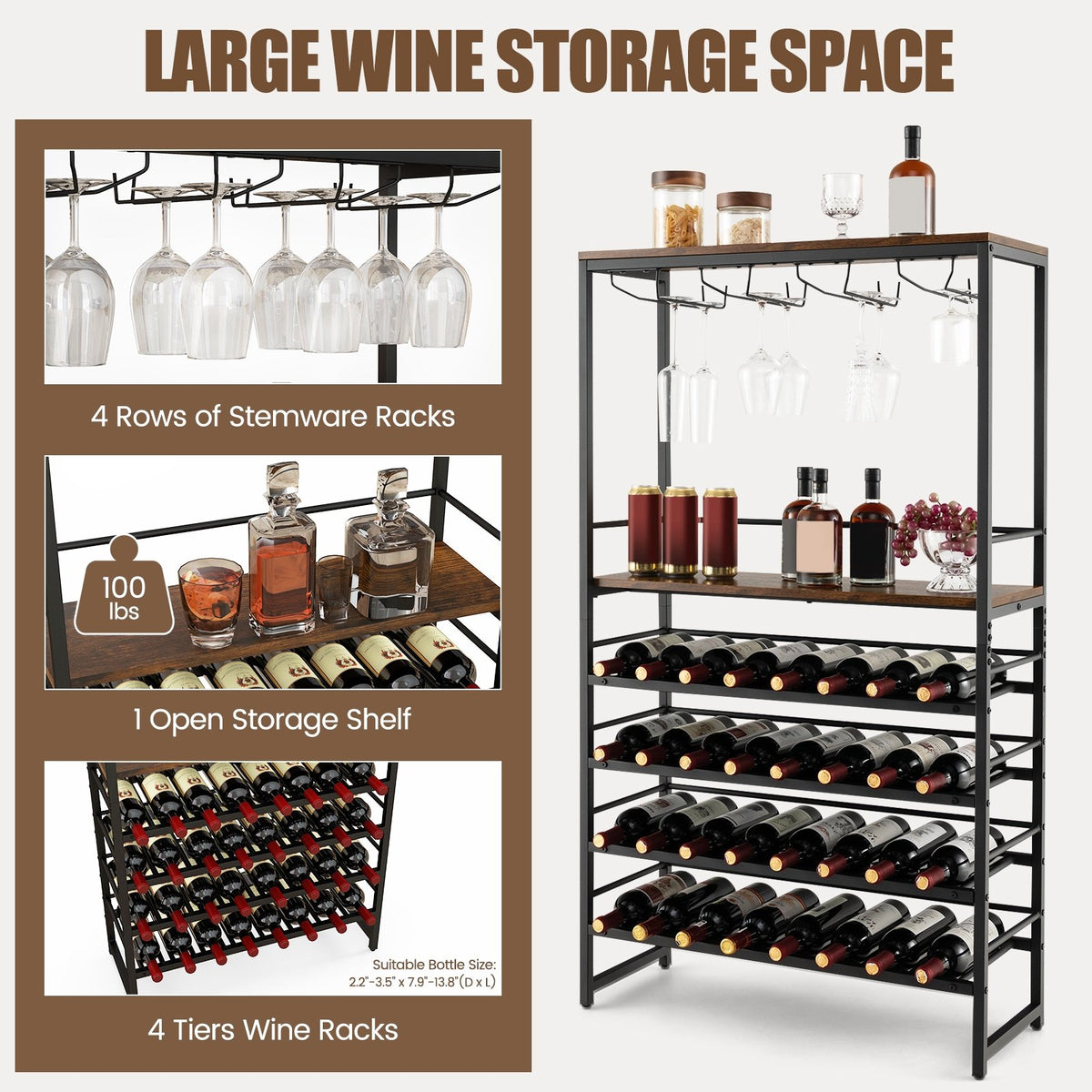 Freestanding Wine Bakers Rack with 4-Tier Wine Storage and 4 Rows of Stemware Racks view 7