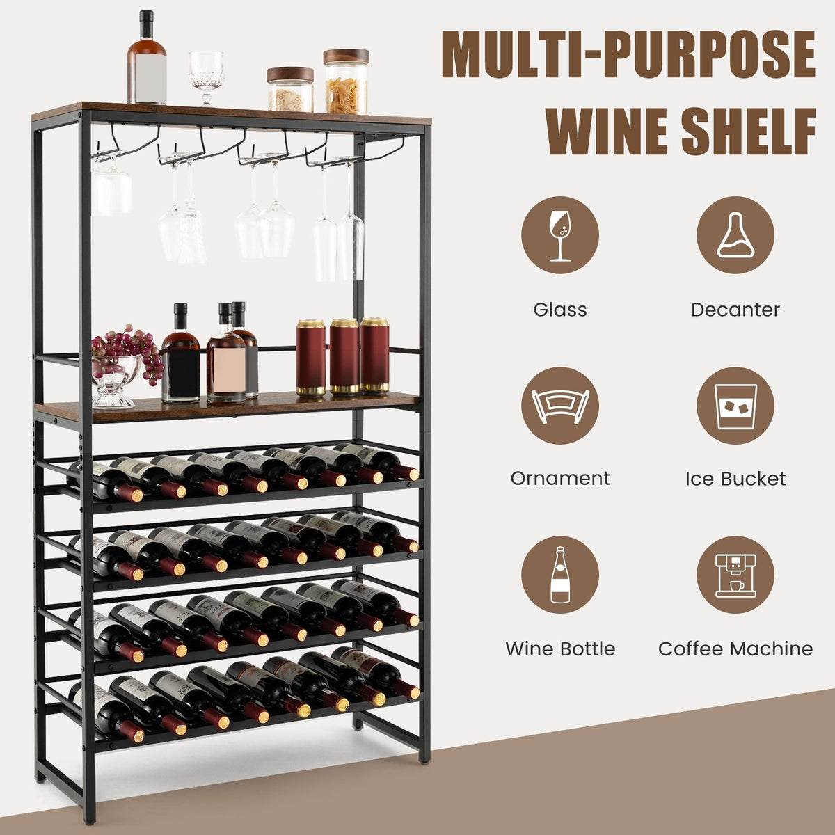 Freestanding Wine Bakers Rack with 4-Tier Wine Storage and 4 Rows of Stemware Racks view 8