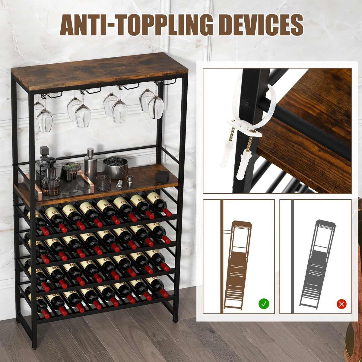 Freestanding Wine Bakers Rack with 4-Tier Wine Storage and 4 Rows of Stemware Racks view 9