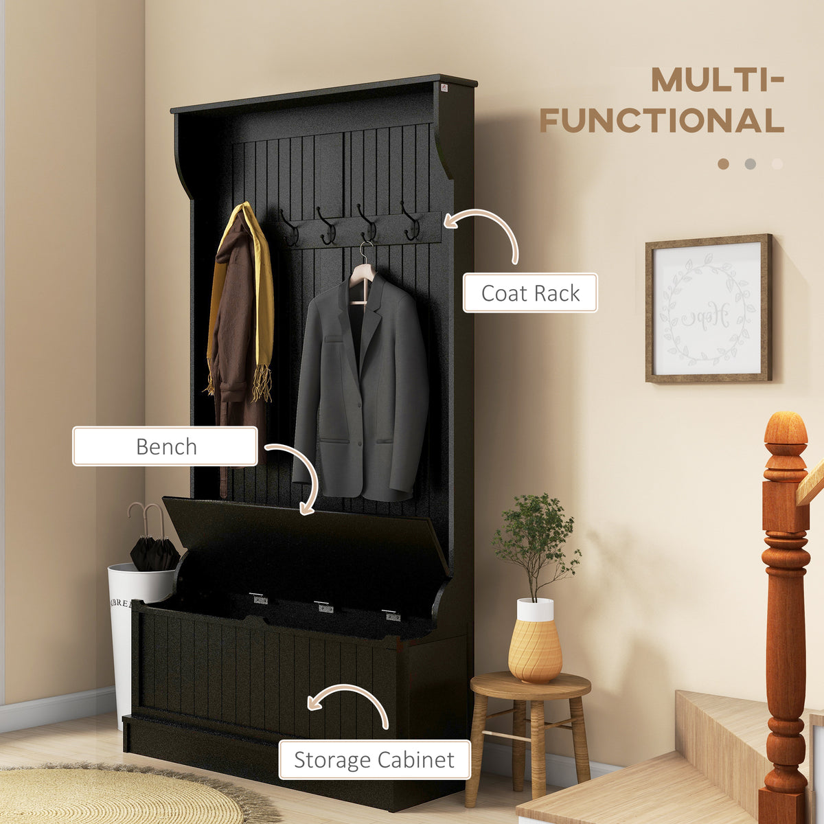 3-In-1 Hall Tree w/ Coat Rack, Shoe Storage and Bench Seat, Entryway Bench w/ 4 Hooks for Hallway, Living Room, White