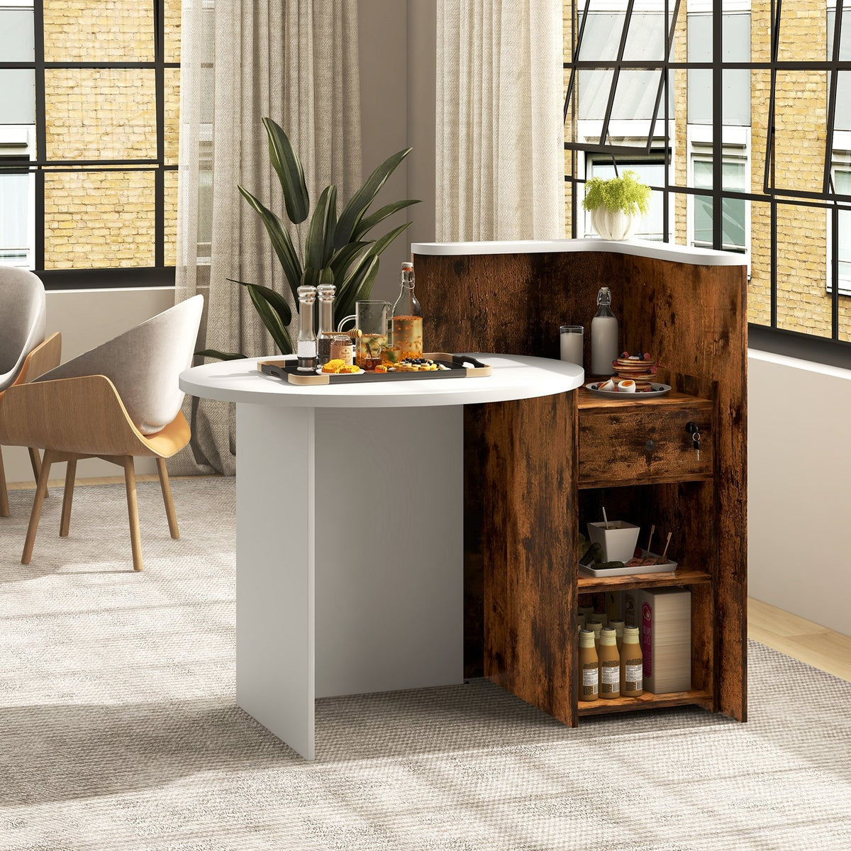 Front Reception Office Desk with Open Shelf and Drawer-Brown & White view 2