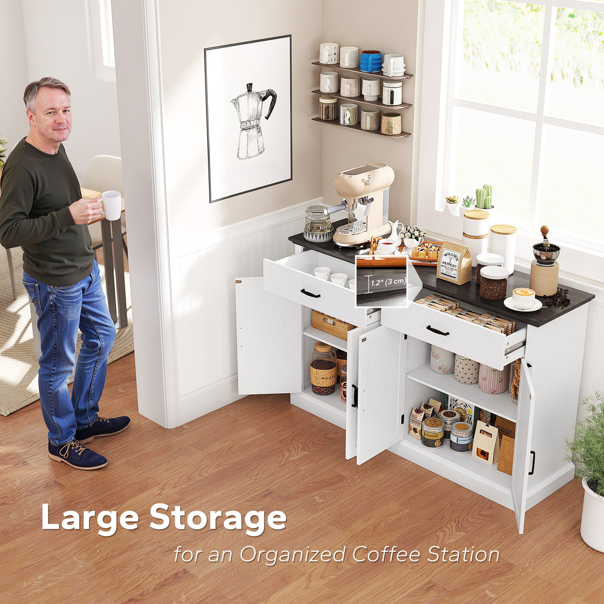 30" Buffet Cabinet, Farmhouse Sideboard with 1.2" Thick Top, 2 Barn Doors, Drawer and Adjustable Shelf – view 11
