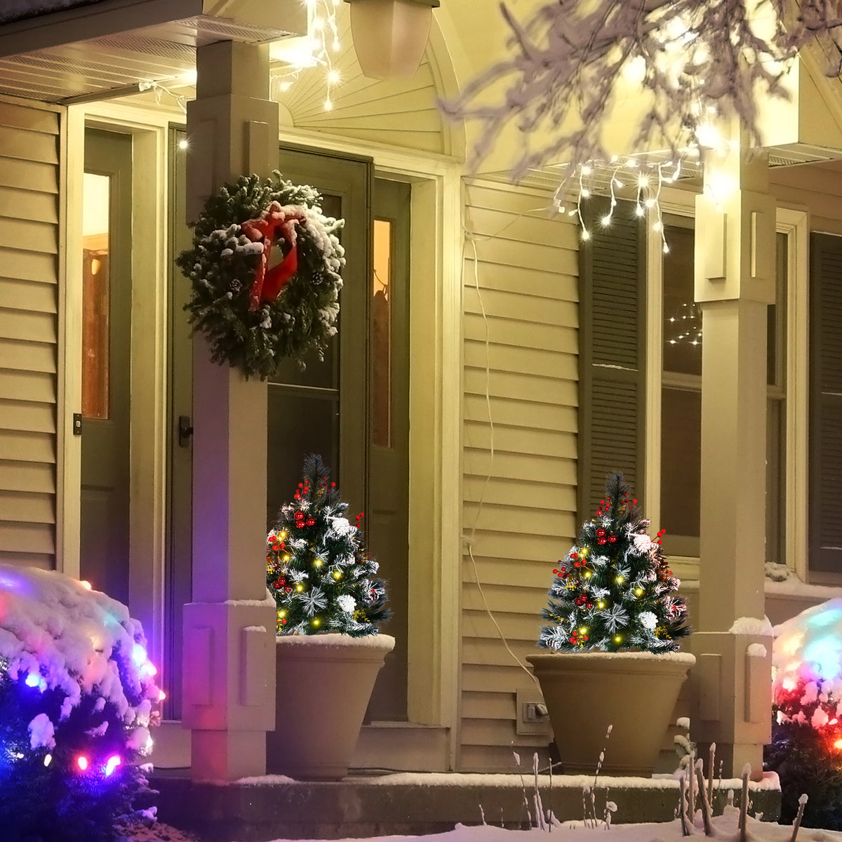 2 Foot/23 inch 2 Pack Prelit Artificial Christmas Tree Cordless with 70 Branches, Warm White LED lights, Red Berries, Pine Cones, Balls, for Outdoor Entryway, Green