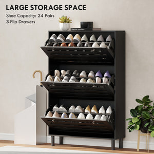 Narrow Shoe Storage Cabinet, 3 Flip Drawers, Adjustable Shelves, 18-24 Pairs Capacity, Black – view 3