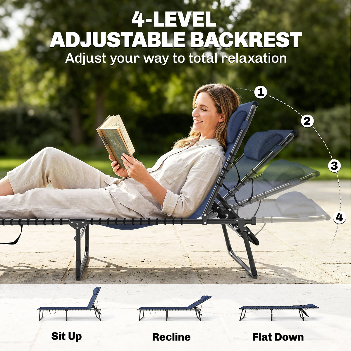 Folding Lounge Chair, Adjustable Chaise Lounge with Headrest, Reclining Lounger Cot for Camping, Hiking – view 4