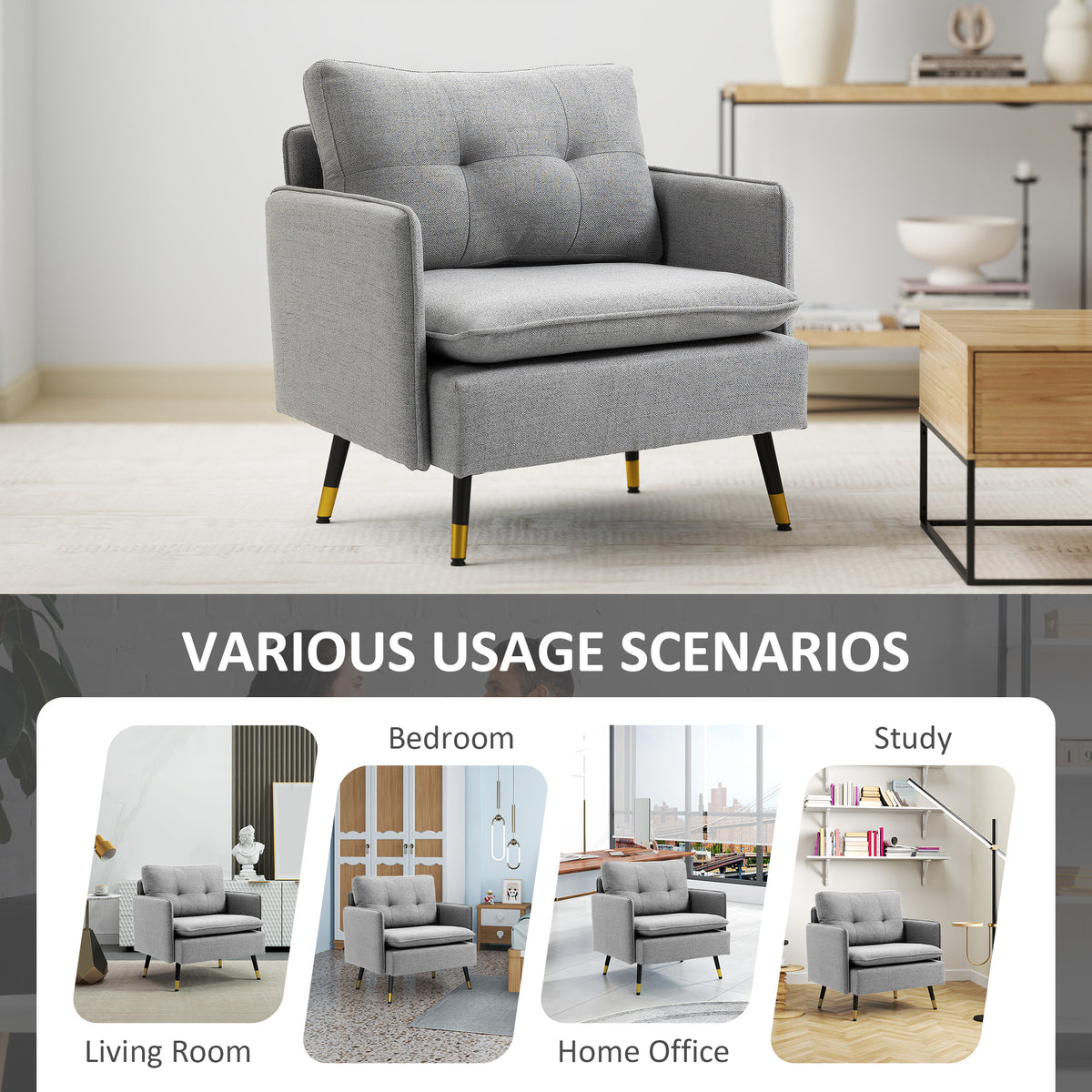 Accent Chair, Upholstered Armchair with Tufted Back Cushion and Steel Legs for Living Room, Bedroom – view 19