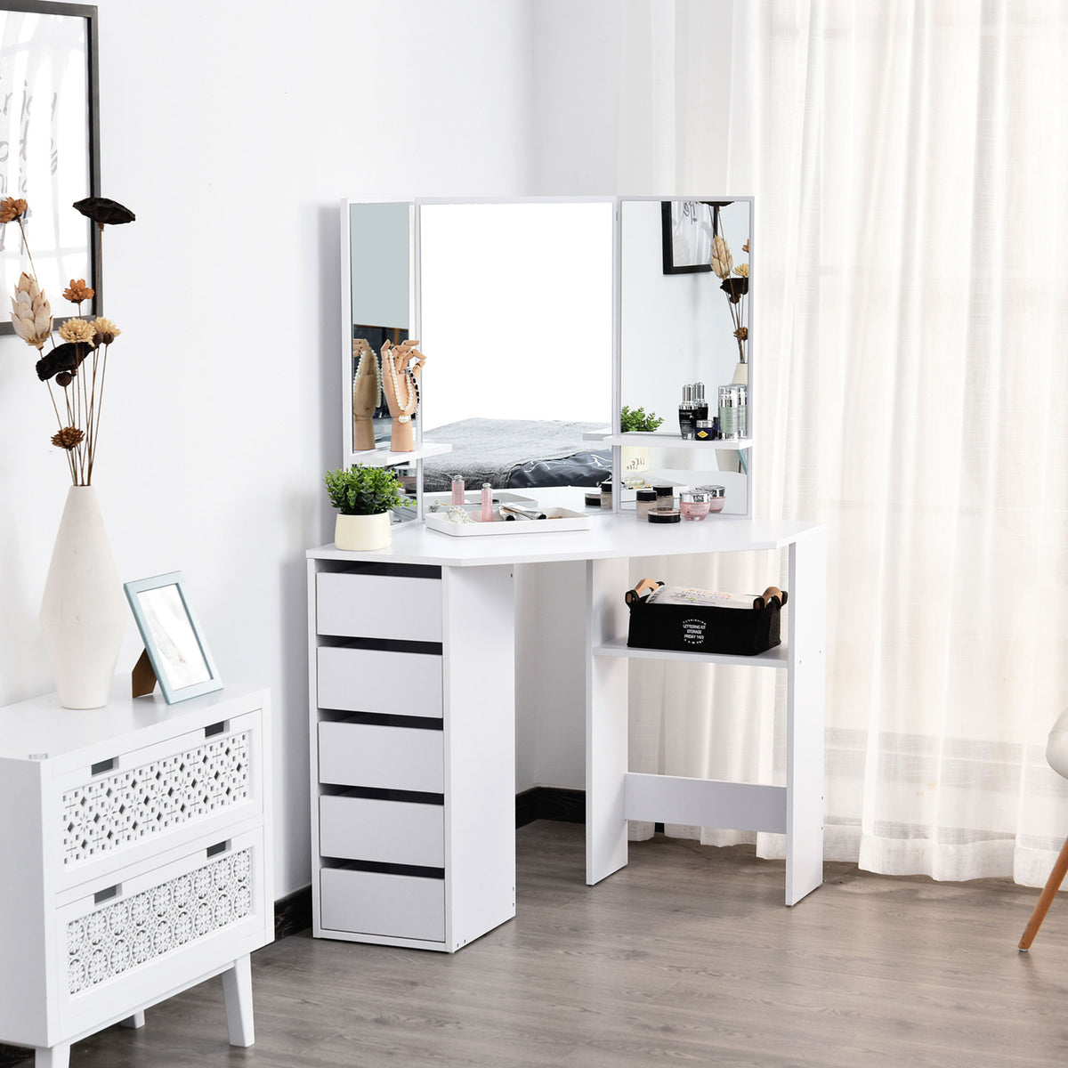 Corner Vanity Desk with Mirror, Makeup Vanity Table with 5 Drawers and Open Shelves – view 12