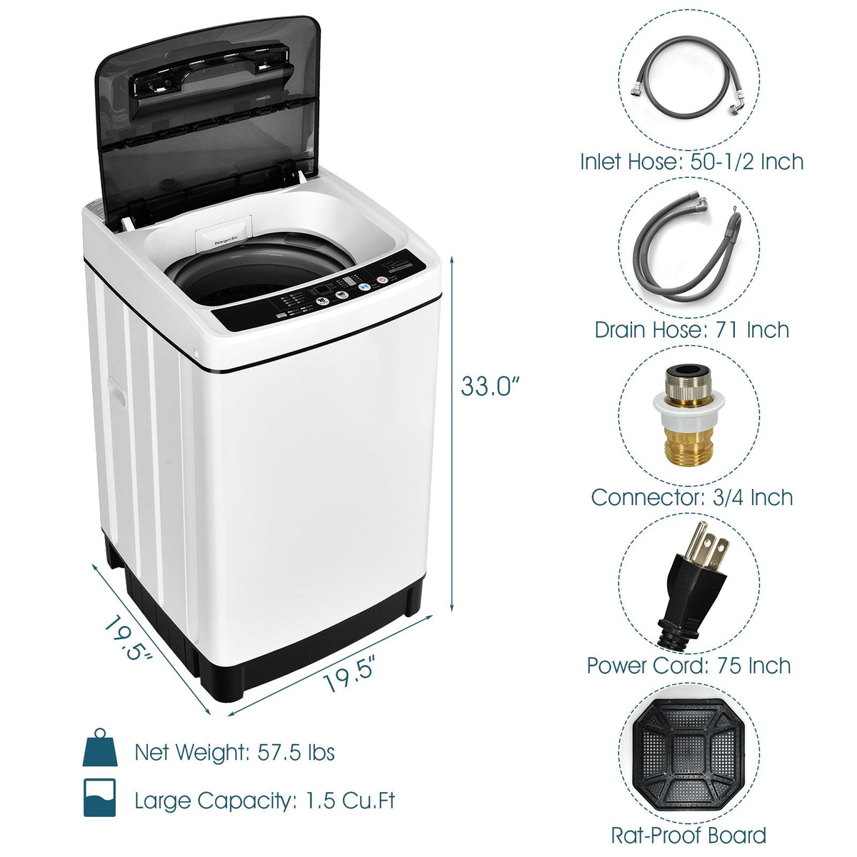 Full-Automatic Washing Machine 1.5 Cubic Feet 11 LBS Washer-White view 5